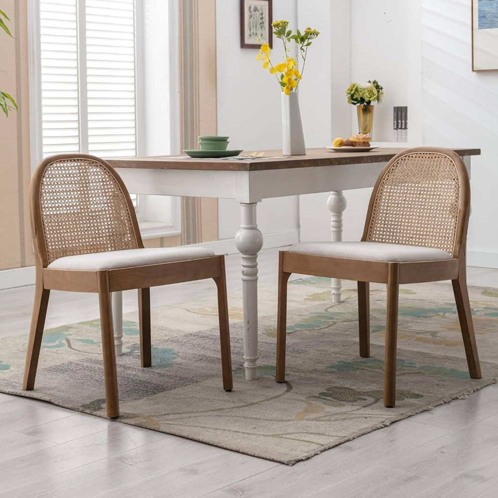 Mid Century Dining Chairs Set of 2, Accent Rattan Linen Fabric Side Chairs Kitchen Chair with Sol... | Amazon (US)