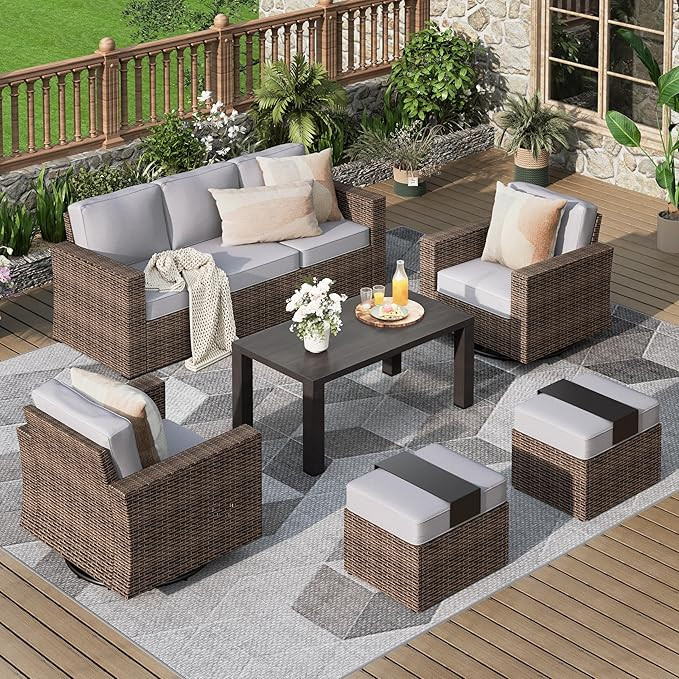 6 Pieces Patio Furniture Set, Outdoor Wicker Rattan Sofa with 5.5" Thick Comfy Cushions, Swivel R... | Amazon (US)