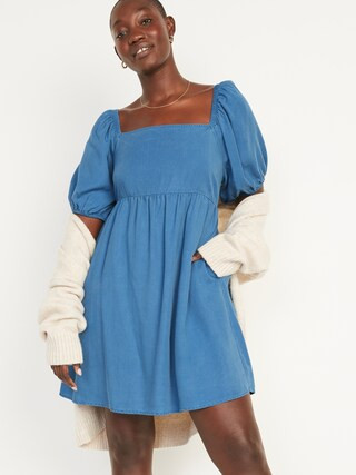 Puff-Sleeve Chambray Mini Babydoll Swing Dress for Women | Old Navy (US)