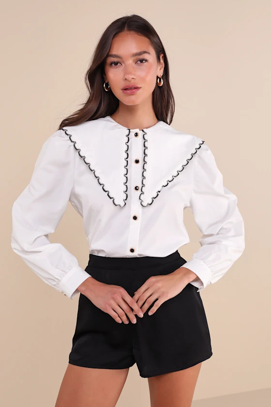 Saloon White Statement Collar Long Sleeve Button-Up Top | Lulus