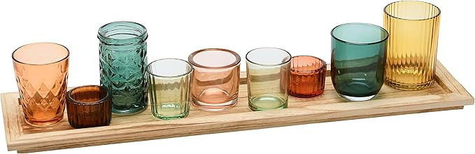 Creative Co-Op Round Glass Votive Holders on Wood Tray, Yellows & Greens, Set of 9 | Amazon (US)