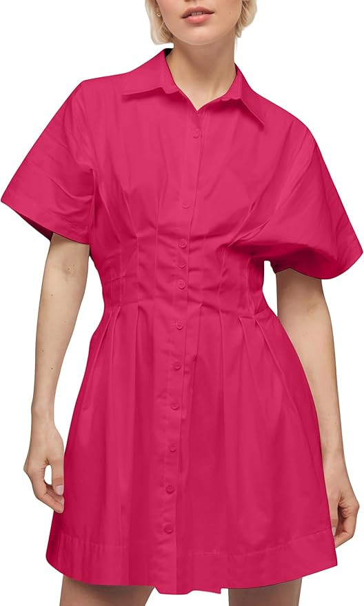 Women Button Front Pleated Shirt Dress Summer Casual Short Sleeve Pleated Blouse Mini Dress | Amazon (US)