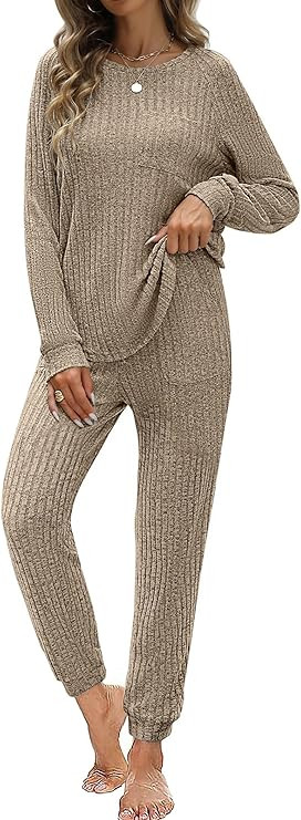 JUSTFASHIONNOW Womens Ribbed Knit Lounge Set 2 Piece Outfits Long Sleeve Pajama Set Loungewear Jo... | Amazon (US)