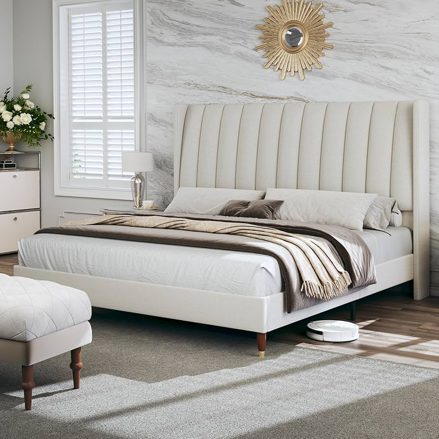 Queen Bed Frame with Headboard, Beige Upholstered Bed Frame Queen with Vertical Channel Tall Wing... | Amazon (US)