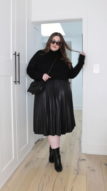 Plus size all-black outfit - pleated faux leather skirt & black turtleneck 

Sizing: 1X in turtleneck / 2X in bralette & skirt 

#LTKplussize #LTKstyletip #LTKworkwear
