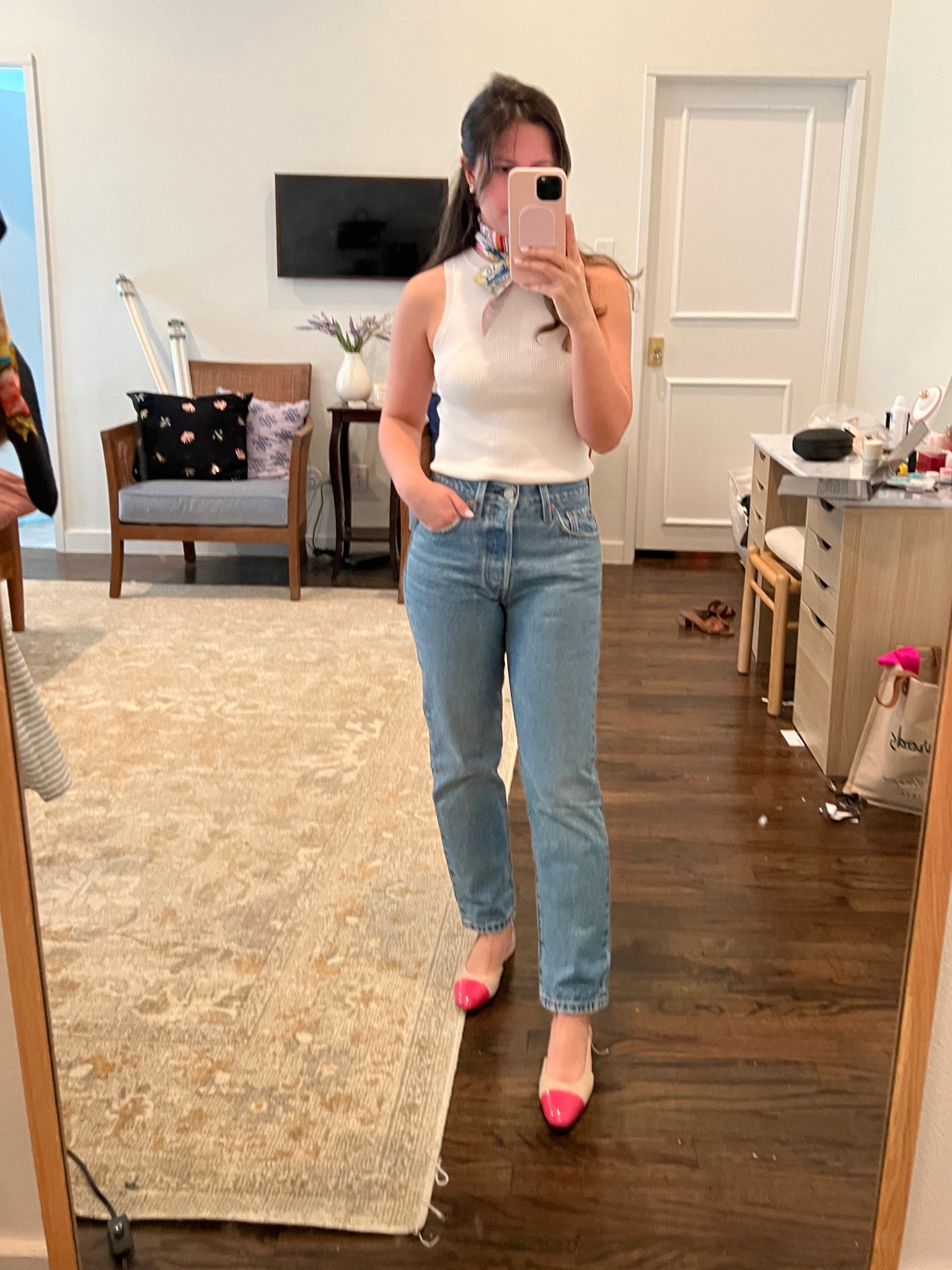 White ribbed tank, mango shirt, petite style, petite outfit, Levi 501 cropped, Chanel sling backs, Hermes twilly 