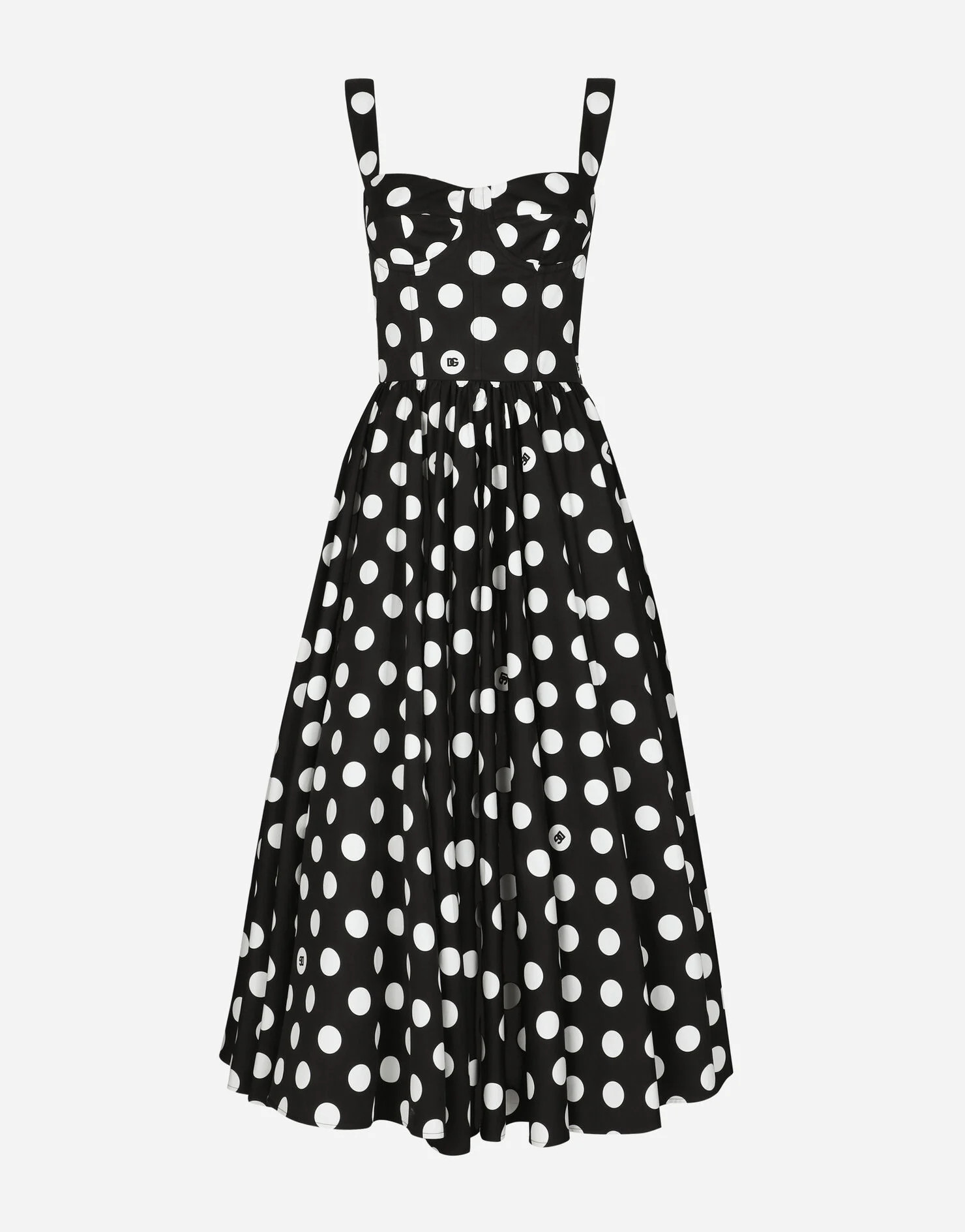 Cotton calf-length corset dress with polka-dot print | Dolce & Gabbana US