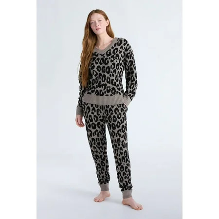 Joyspun Women's Fuzzy Knit V-Neck Top and Joggers Set, 2-Piece, Sizes XS-3X | Walmart (US)