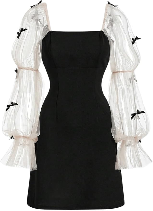 Floerns Women's Mesh Puff Long Sleeve Bowknot Square Neck Party Bodycon Mini Dress | Amazon (US)