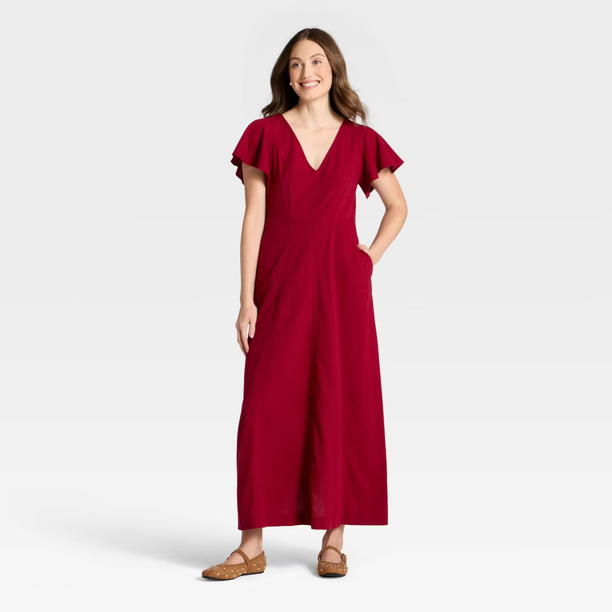 Women's Flutter Short Sleeve Maxi A-Line Dress - Universal Thread™ Red S | Target