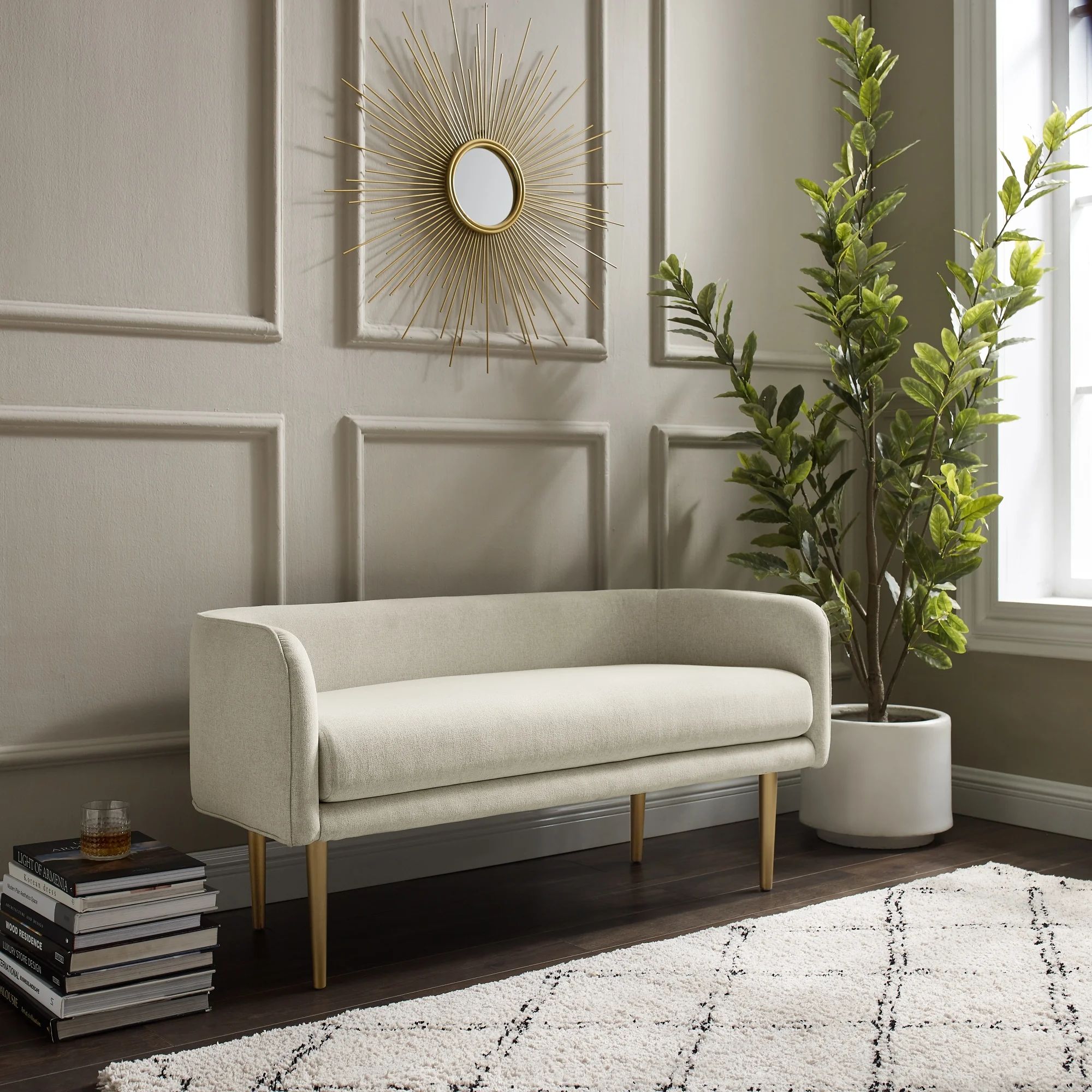 Inspired Home Mae Cream White Linen Bench - Upholstered | Brushed Legs | Gold Powder Coated Legs | Walmart (US)