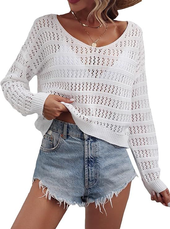 SHENHE Women's Crochet Hollow Out Drop Shoulder Scoop Neck Long Sleeve Sweater Top | Amazon (US)