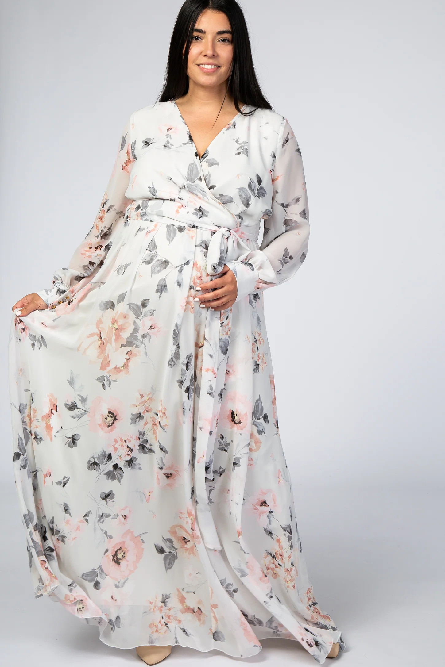 Ivory Floral Chiffon Maternity Plus Maxi Dress | PinkBlush Maternity