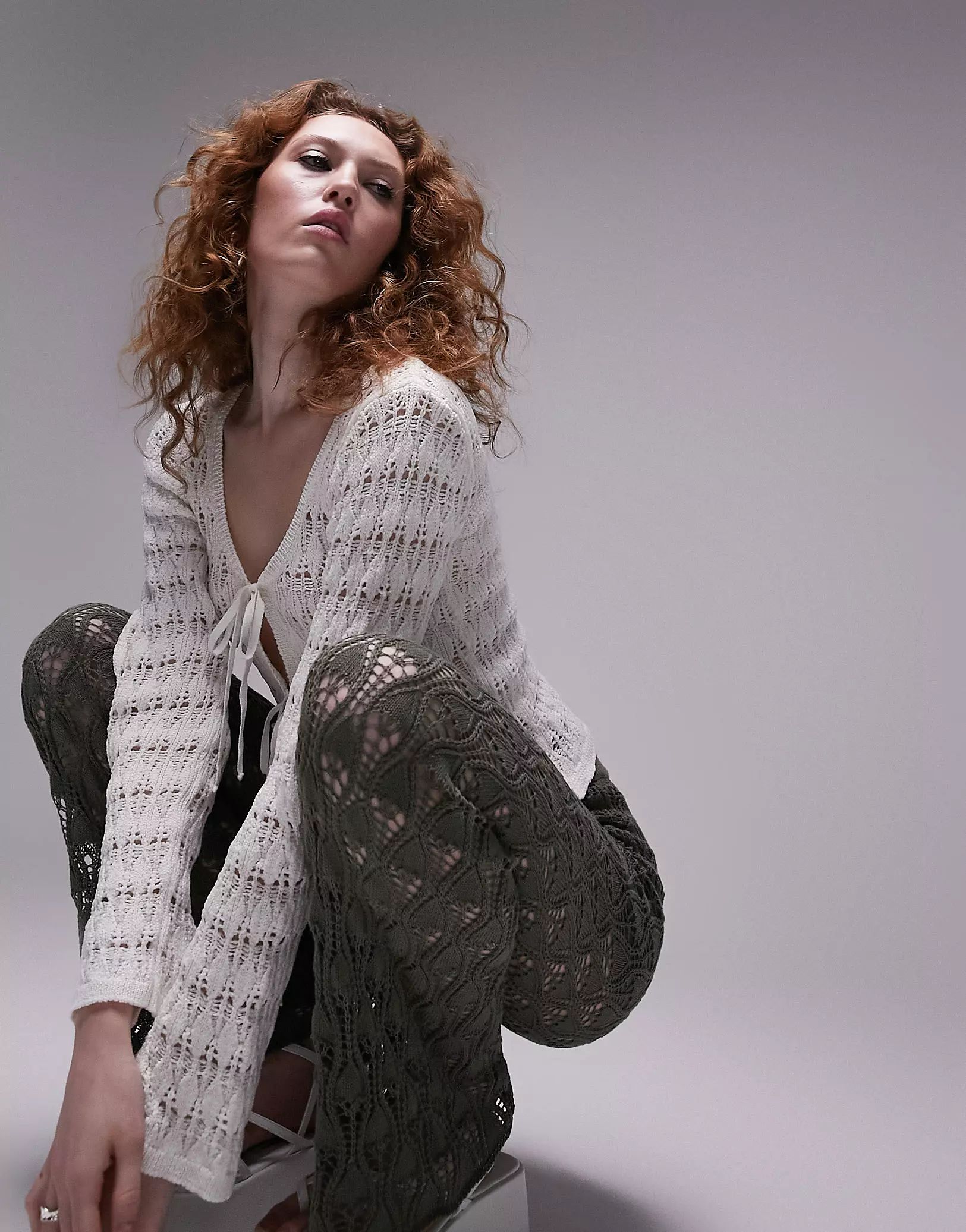 Topshop knit tie front crochet stitch cardigan in ivory | ASOS (Global)