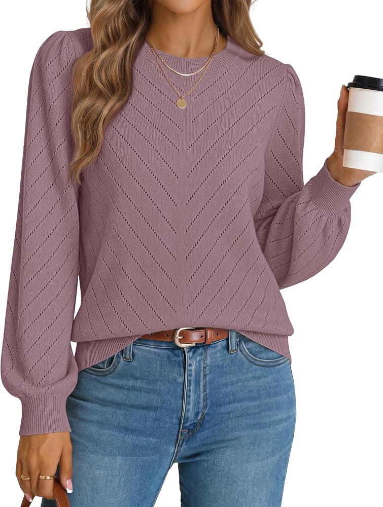 MEROKEETY Womens Fall Lightweight Sweater Long Sleeve Eyelet Pullover Tops | Amazon (US)