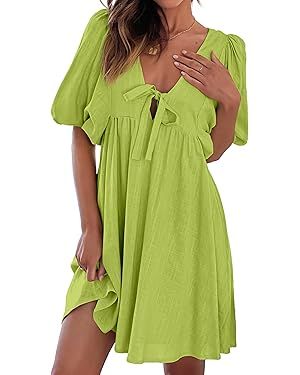 Women's Casual Dresses 2024 Summer Dresses Lantern Sleeve Mini Dress Solid Color V Neck Tie Front... | Amazon (US)