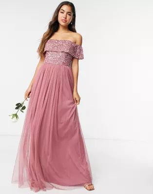 Maya Bridesmaid off-the-shoulder maxi tulle dress with tonal delicate sequins in rose | ASOS (Global)