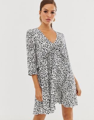 ASOS DESIGN pleated smock mini dress in mono leopard print | ASOS US