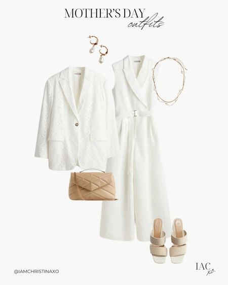 Mother’s Day outfit inspiration 
--
Outfit inspiration, oversized blazer, eyelet embroidery blazer, white blazer, white jumpsuit, linen blend jumpsuit, sleeves jumpsuit, H&M finds, H&M women’s style, H&M fashion finds, braided sandals, gold accessories, pendant hoop earrings, double strand necklace, quilted should bag, all white look, all white style 

#LTKstyletip #LTKfindsunder100