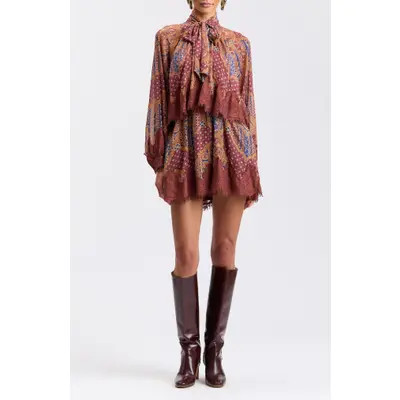 Avec Les Filles Long Sleeve Scarf Print Georgette Minidress in Cognac Medallion Sca at Nordstrom, Size 2 | Nordstrom