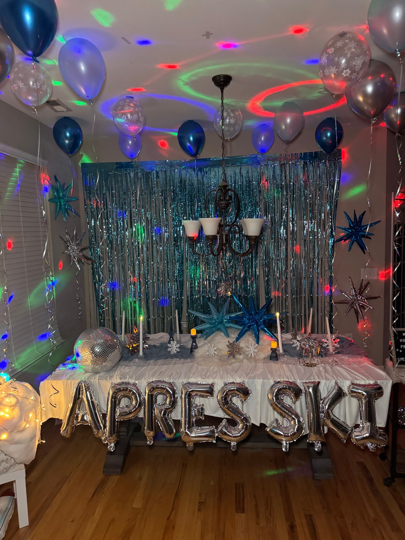 📌 Save this for your next winter night in! Après-ski themed party decor ❄️🤍🎿 
Styled to Host theme for January! Dinner party, girls night, or birthday inspo. Disco lights, foil letter balloons, fringe backdrop, shotski. Affordable party decor from @Amazon 

#LTKdayinmylife #LTKHome #LTKSeasonal