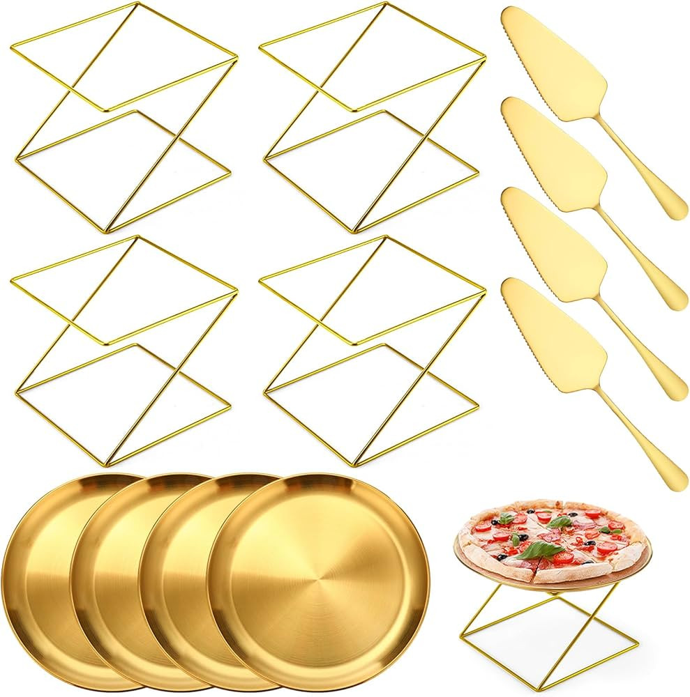 12 Pcs Pizza Stand Set: 4 Metal Stands, 4 Pizza Pans, 4 Spatulas for Weddings, Party(Gold,Square) | Amazon (US)