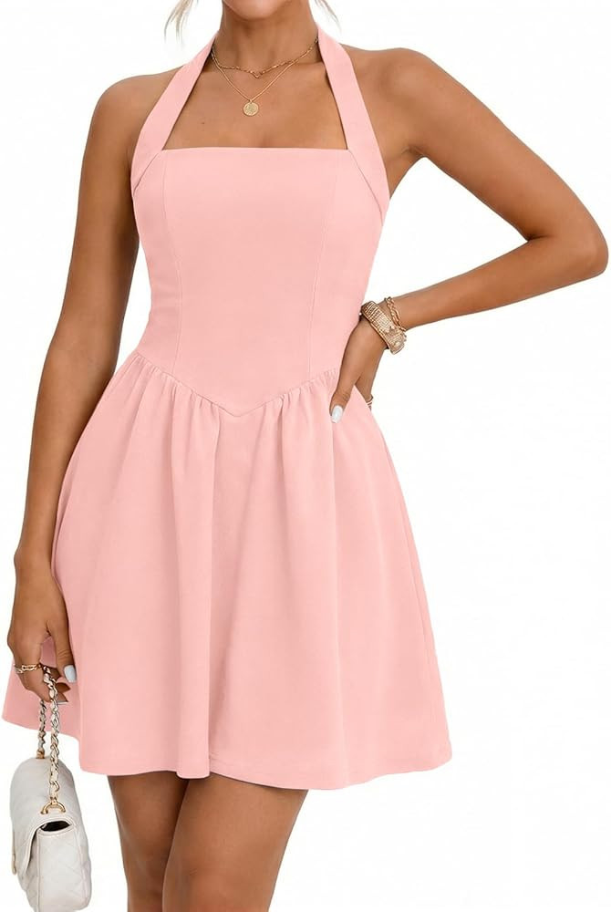 MEROKEETY Women's Summer Halter Neck Mini Dress 2026 Cute Ruched Waist A-line Flowy Graduation Co... | Amazon (US)
