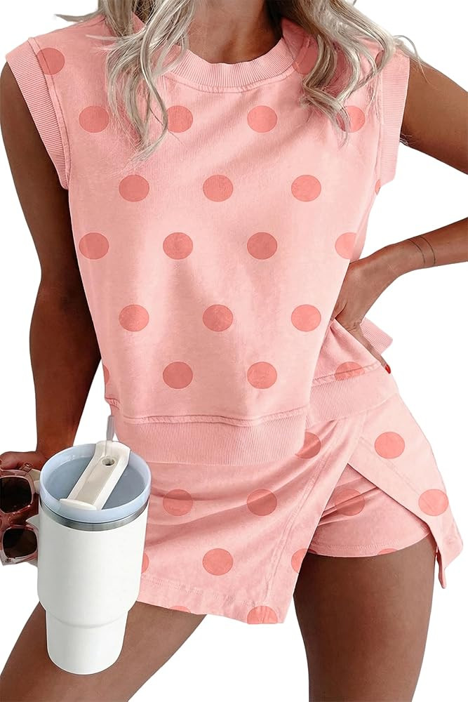 KevaMolly Womens Lounge Sets Ribbed Trim Polka Dot Print Tank Split Mini Skort 2pcs Set Sleeveles... | Amazon (US)