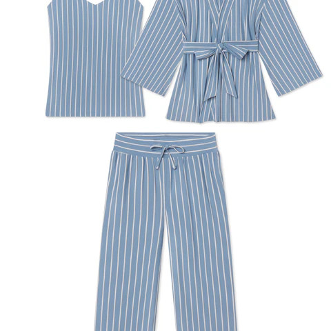 Maternity DreamModal™ Kimono Three-Piece Set in Serene Blue Stripe | Lake Pajamas