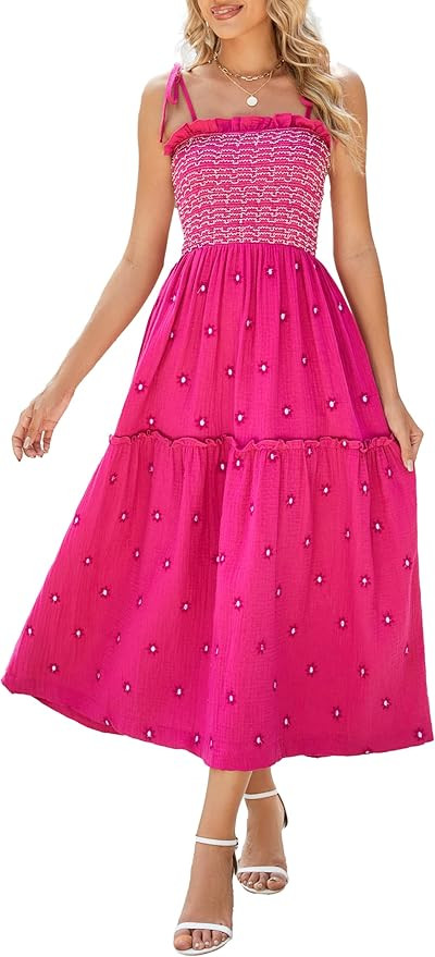 Women Floral Embroidered Maxi Dress Sleeveless Tie Shoulder Smocked Flowy Dress Boho Summer Sundr... | Amazon (US)