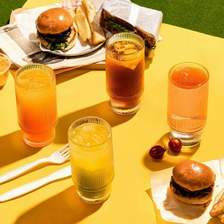 Combler Drinking Glasses Set of 4, Glass Cups with Straws, 12oz Cute Ribbed Glassware for Water C... | Walmart (US)