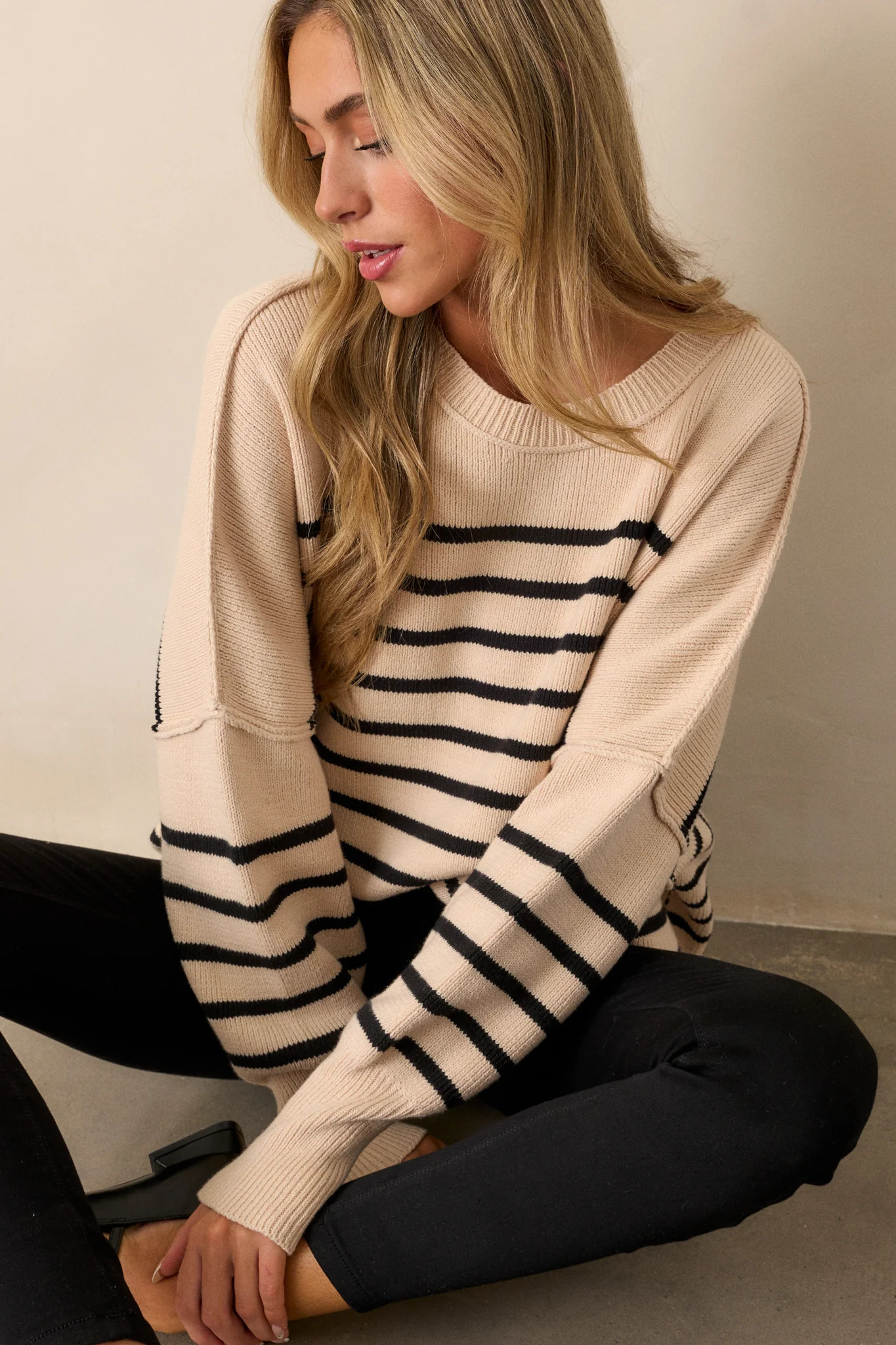 Whispering Woods Beige Stripe Knit Sweater | Red Dress