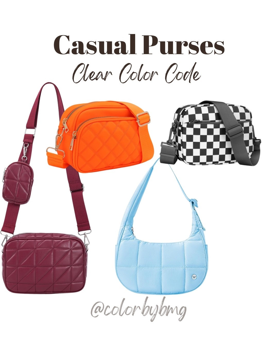 Casual Purses for Clear Color Codes

Colors:
1. Dark Red
2. Neon Orange 
3. Blue
4. Black & White Check

Clear Winter
Clear Springg

#LTKSeasonal
