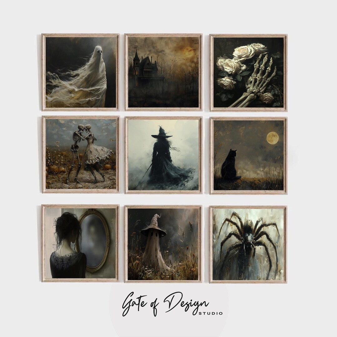 Square Halloween Gallery Wall Art Set Dark Moody Wall Prints Vintage Spooky Atmospheric Wall Deco... | Etsy (US)
