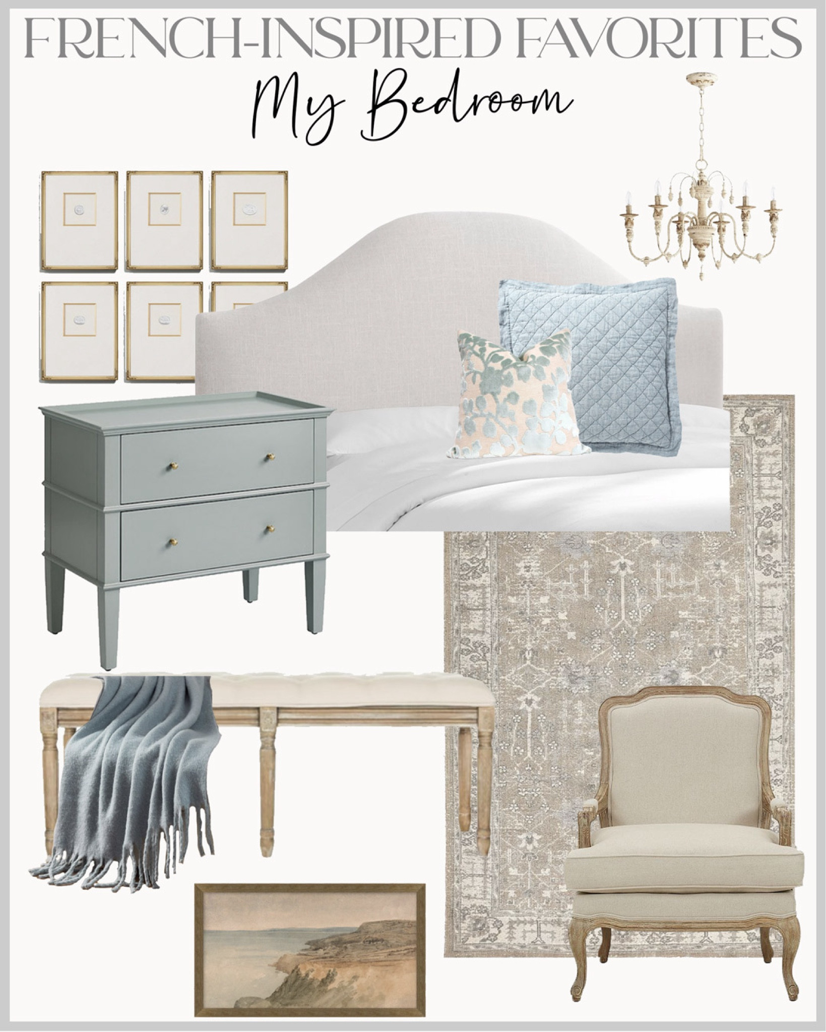 Our bedroom is done in soothing French blues and neutrals!

Home decor, bedroom decor, primary bedroom, headboard, dresser, area rug, bench, chandelier 

#LTKHome