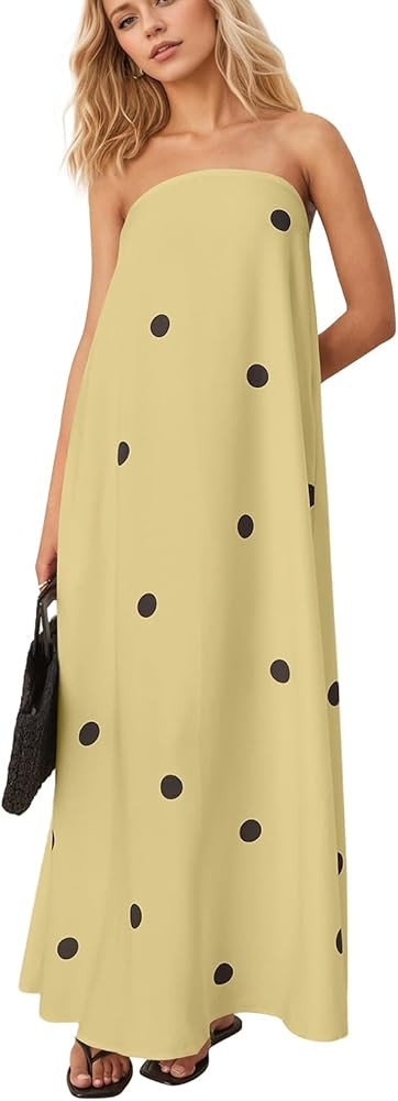 Women Polka Dot Strapless Maxi Dress Summer Flowy A Line Ruffle Backless Off Shoulder Long Tube D... | Amazon (US)