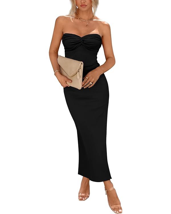 PRETTYGARDEN Women's Bodycon Long Dresses Summer Strapless Tube Twist Knot Front Ribbed Knit Maxi... | Amazon (US)