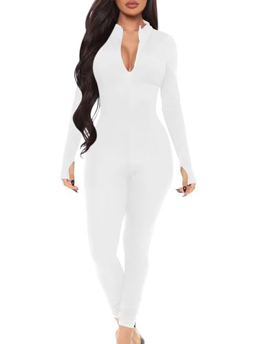 Mizoci Women's Sexy 2023 One Piece Jumpsuit Bodycon Long Sleeve V Neck Zipper Full Bodysuit, X-L, White | Amazon (US)