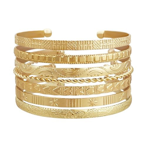 FUNOJOY Gold Bangle Bracelets Set for Women, Multi Layer Stackable Cuff Bracelets, Boho Open Adjustable Bangle Jewelry Gift for Her (Gold-4) | Amazon (US)