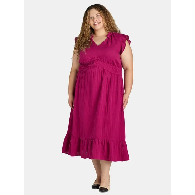 Time and Tru Women's and Women's Plus Double Cloth Midi Dress, Sizes XS-4X - Walmart.com | Walmart (US)
