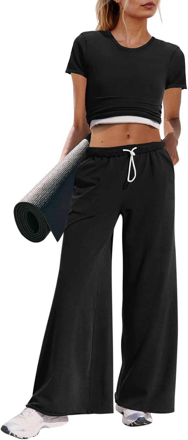 Panadila Womens 2 Piece Lounge Set Matching Workout Sets Summer Crop Tops Wide Leg Pants Going Out Outfits | Amazon (US)