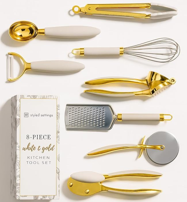 White & Gold Cooking Utensils Set - Luxe 8-Piece Kitchen Gadget Set Includes Can Opener, Tongs an... | Amazon (US)