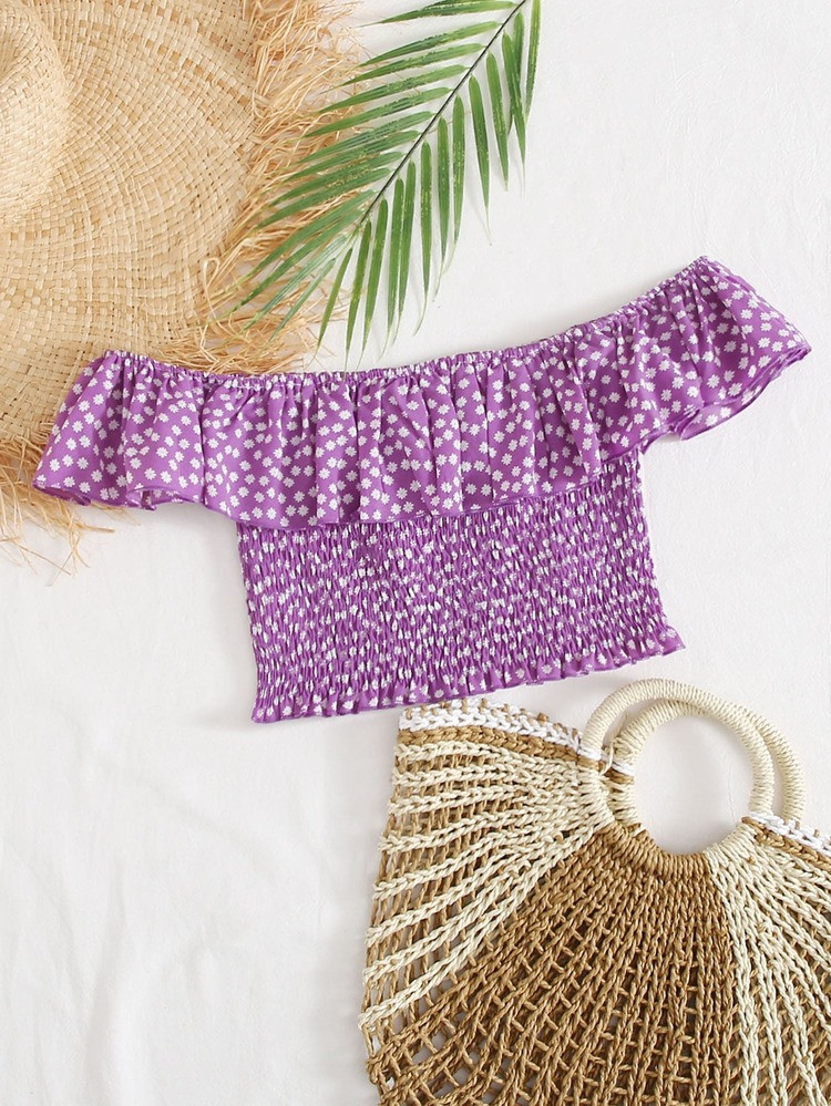 Ditsy Floral Ruffle Trim Shirred Bardot Top | SHEIN