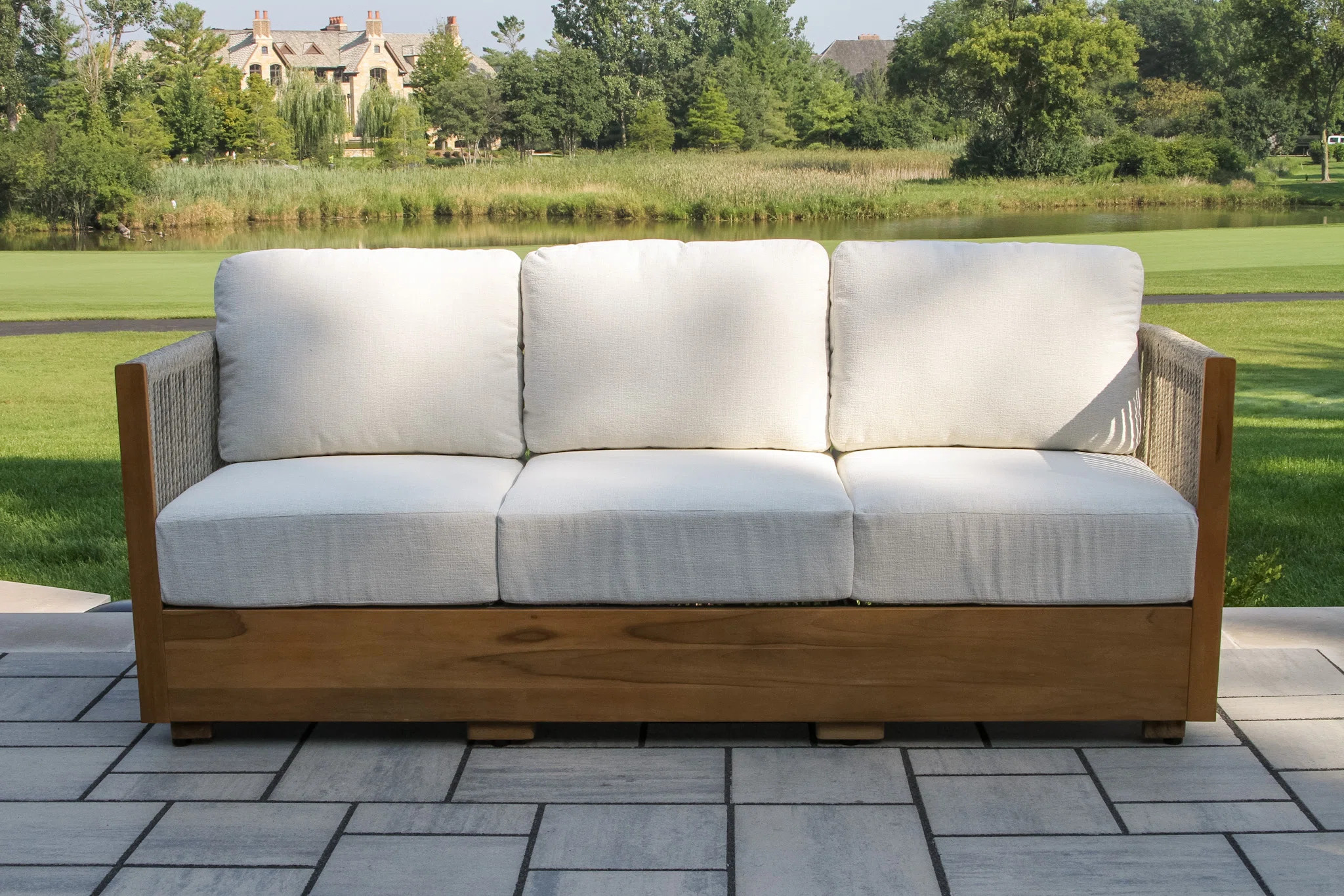 Aniston 81.5'' Wide Outdoor Teak Patio Sofa with Sunbrella Cushions | Wayfair North America