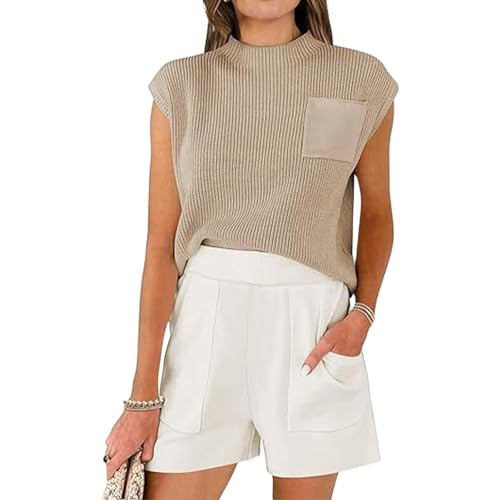 2 Piece Sets for Women Summer Shorts Sleeveless Knit Sweater Vest Mock Neck Tank Top Short Set Slim Business Outfits | Amazon (US)