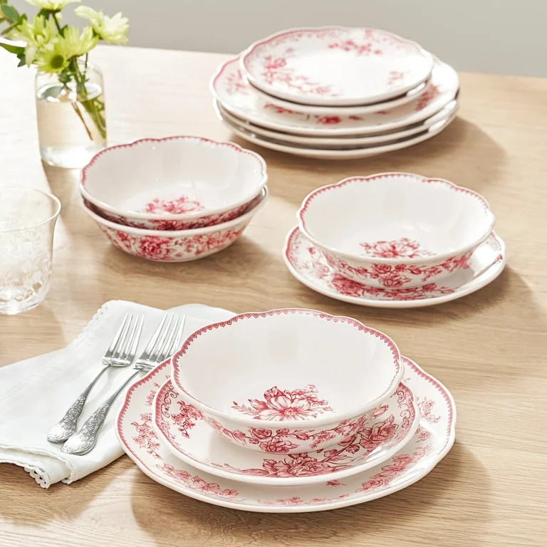 The Pioneer Woman Agatha 12-Piece Stoneware Dinnerware Set, Red | Walmart (US)