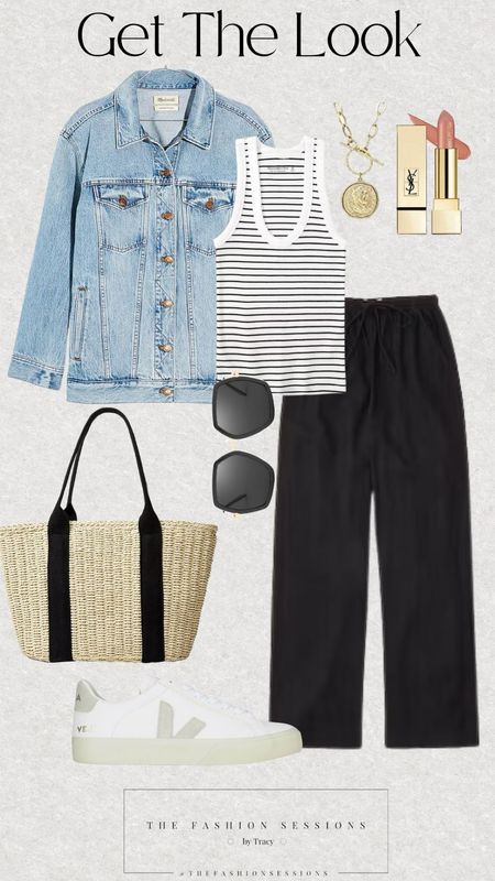 Summer Outfit | Denim Jacket | Black Linen Pant | Striped Tank | White Tennies | Woven Bag | Summer Casual |