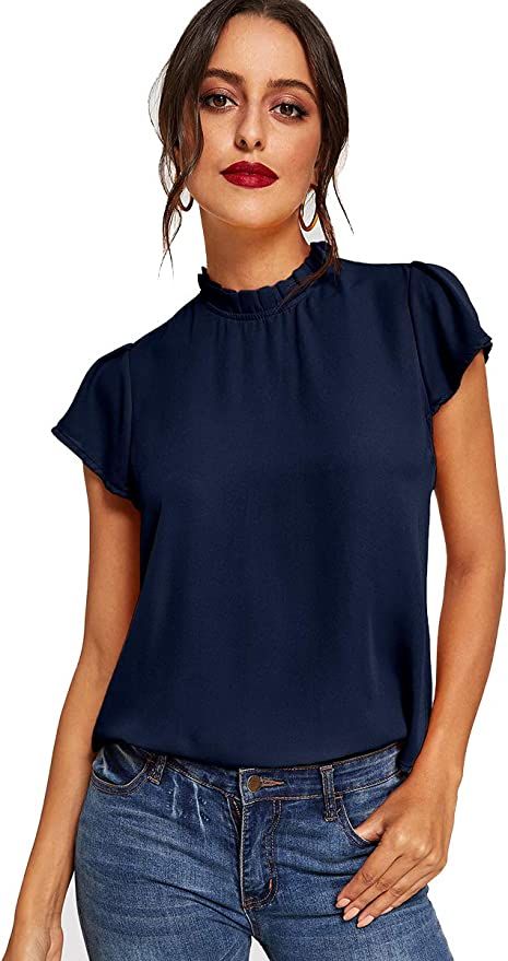 Romwe Women's Elegant Short Sleeve Mock Neck Workwear Blouse Top Shirts | Amazon (US)