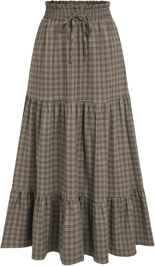 CIDER Elastic Waist Check Knotted Tiered Maxi Skirt | Amazon (US)