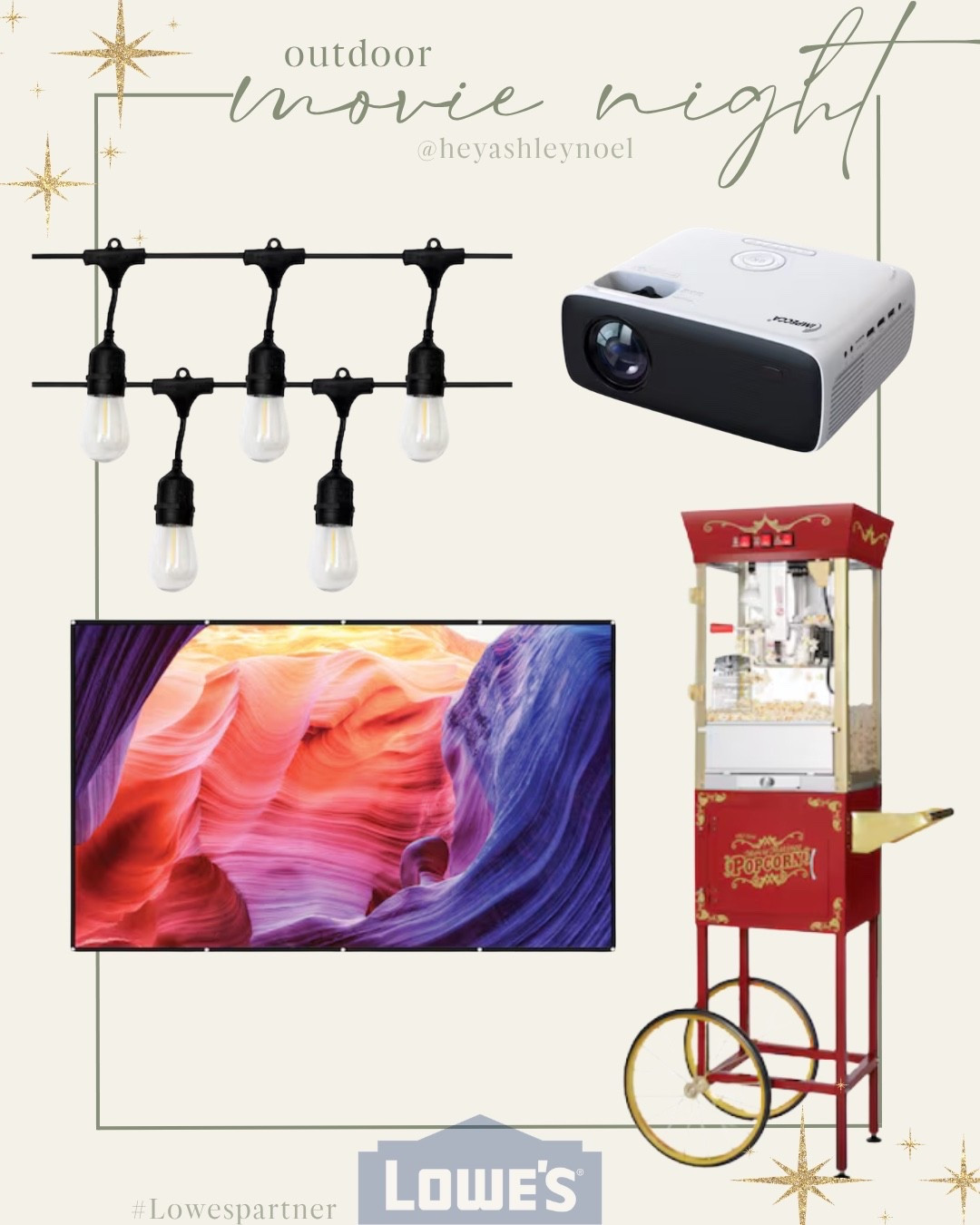 Everything you need for an outdoor movie night from @lowes ! Movie projector & screen, vintage popcorn machine and outdoor lighting

#ad #lowespartner

#LTKSeasonal #LTKHome #LTKSaleAlert